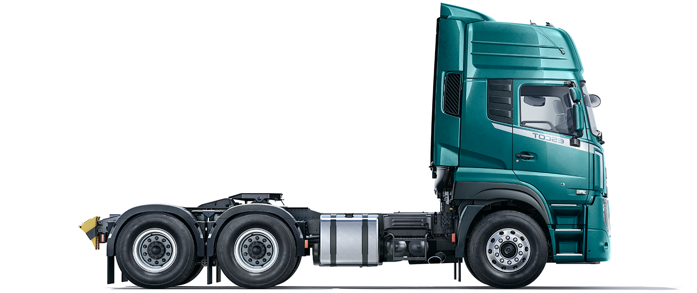 Groen vragmotor kajuit sonder sleepwa, kant aansig.