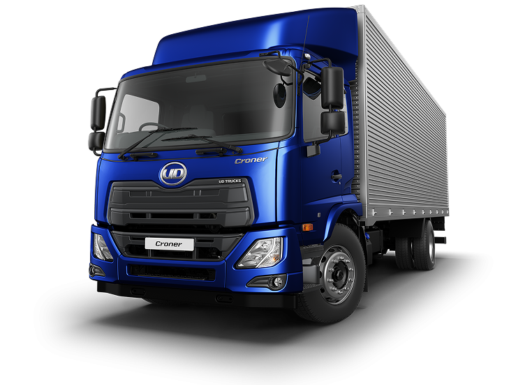 Xe tải thùng màu xanh dương đậm, góc nhìn phía trước bên trái.