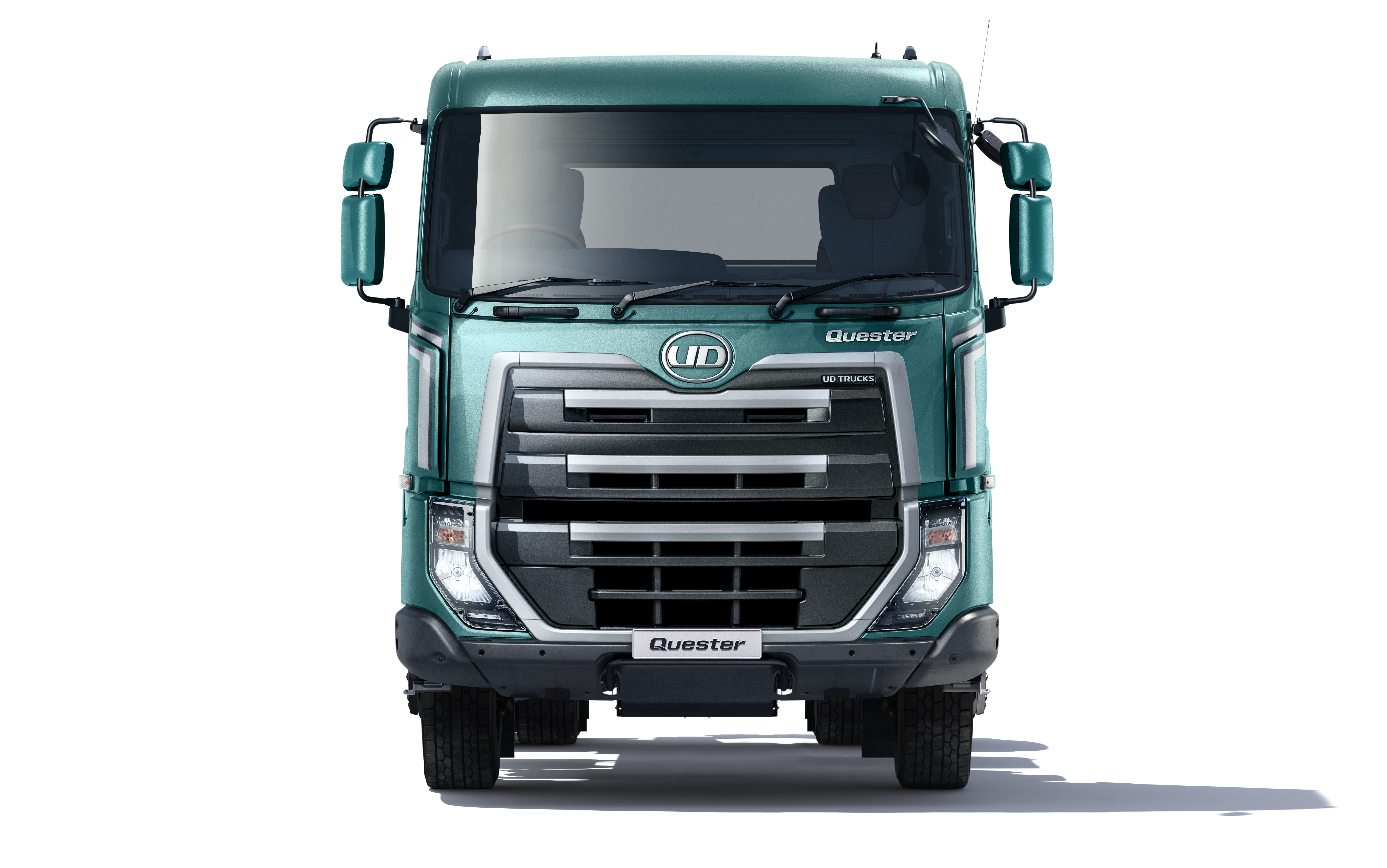 Front view of a teal commercial truck Quester on a white background.