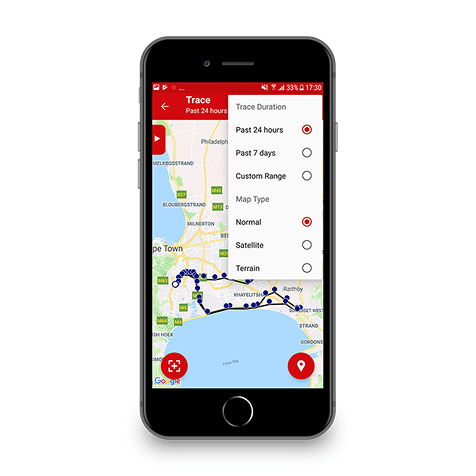 Telefon pintar dengan aplikasi peta menunjukkan laluan yang dilalui dan menu tetapan terbuka.