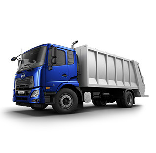 Xe rác màu xanh dương và trắng trên nền trắng.