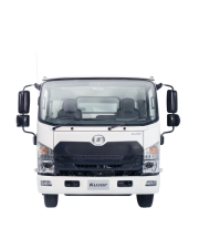 White delivery truck viewed from the front, with large mirrors and clear windows.