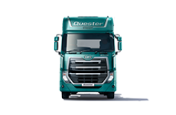 Front view of a teal Quester truck on a white background.
