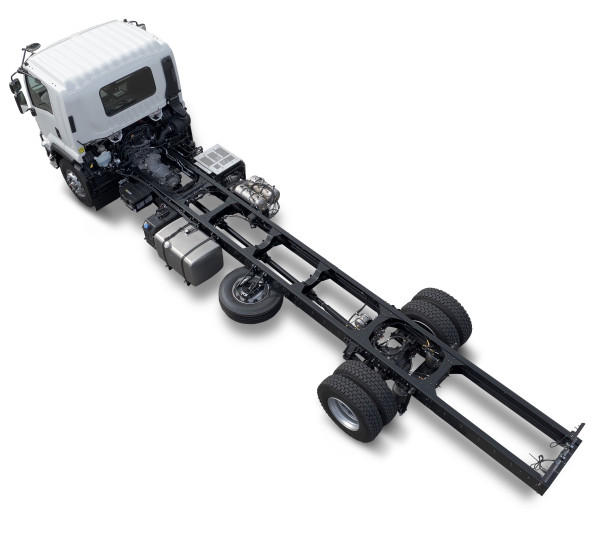 Truck chassis with rear dual wheels, no body, viewed from above on a white background.