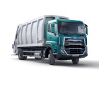 Green and white garbage truck on a white background.